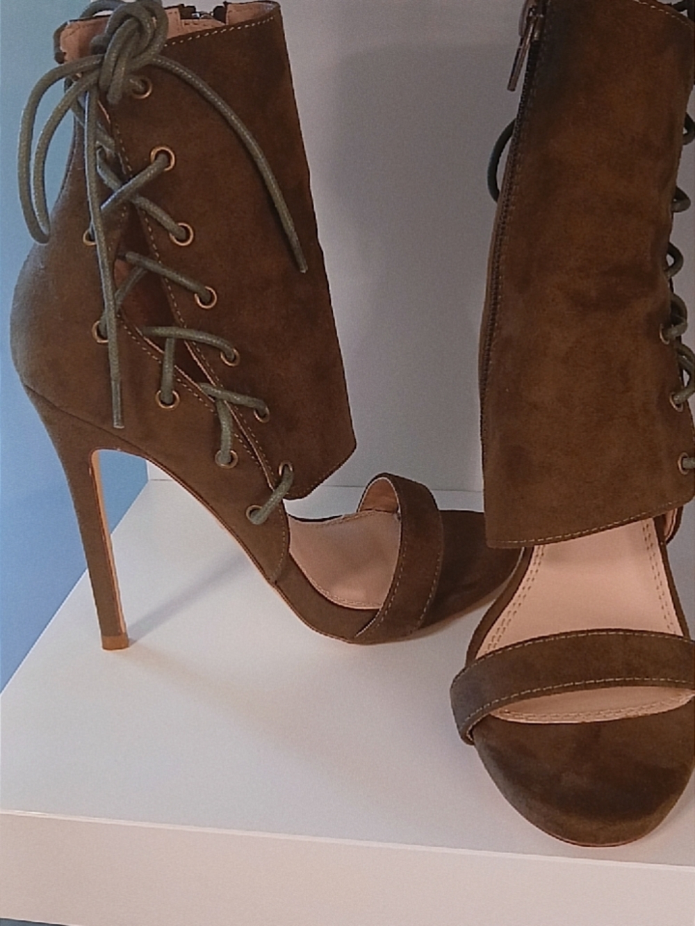 Miss Lola Brown Suede Lace-Up High Heel Sandals Olive green